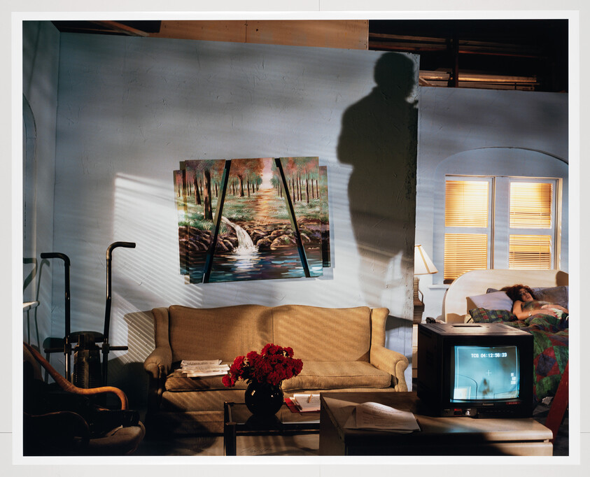 A living room with a couch and painting, a shadowed figure on the wall, and a woman sleeping.