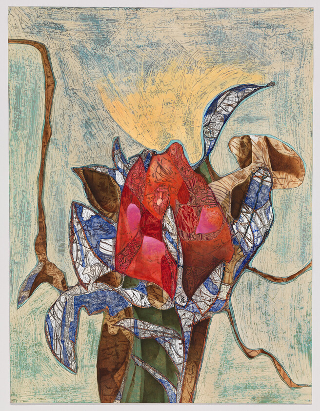 A stylized red flower with blue and brown patterned leaves against a textured pale background.