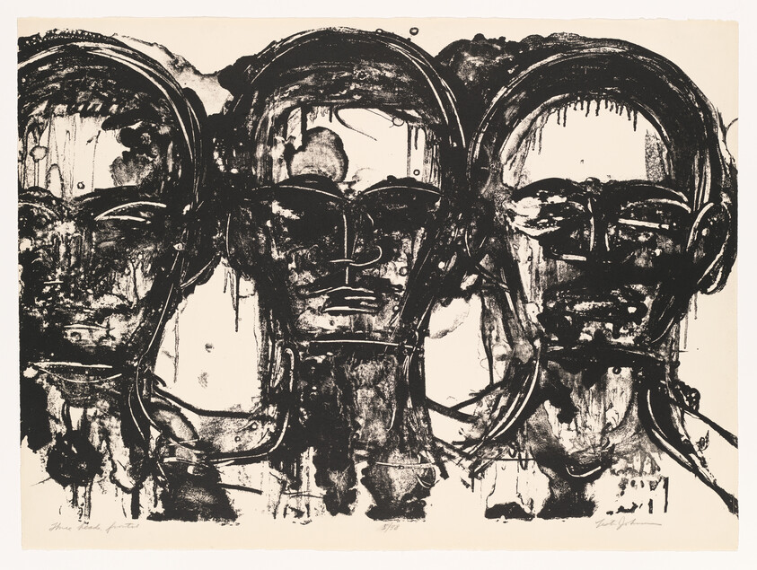 Three large abstract black faces with dripping ink and hollow eyes fill the paper.