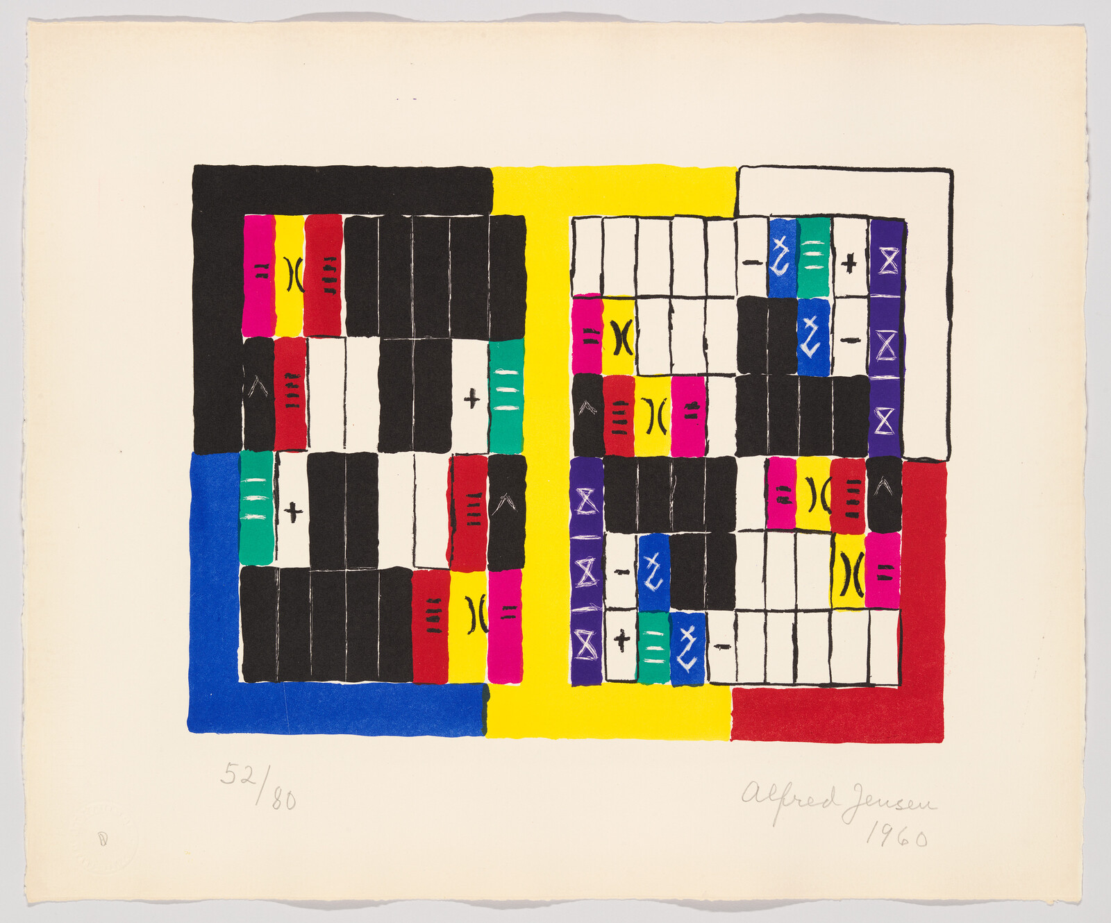 Abstract colorful grid of black, yellow, blue, red, and pink blocks with symbols and white borders.