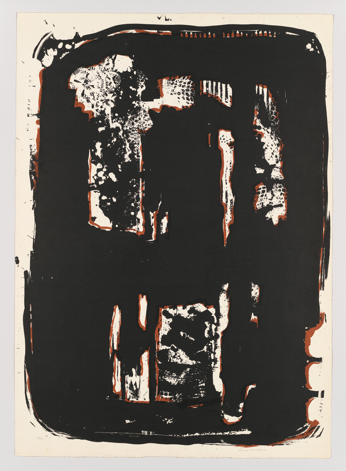 Large black abstract block with white textured shapes and rust-colored outlines on cream paper.