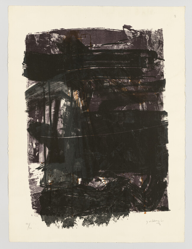 Large abstract composition of layered dark brushstrokes and smudges on off-white paper.