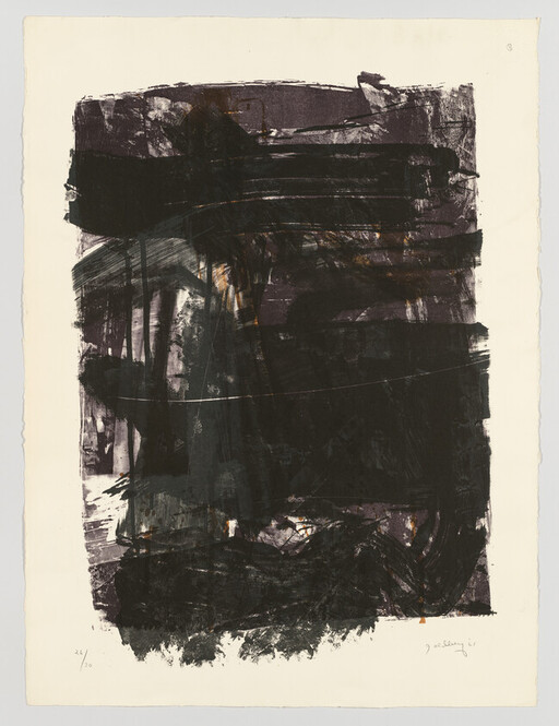 Large abstract composition of layered dark brushstrokes and smudges on off-white paper.