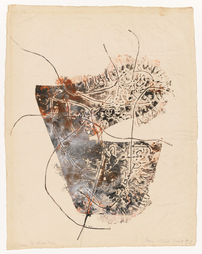 Abstract textured print showing two overlapping irregular shapes with thin curved lines on cream paper.