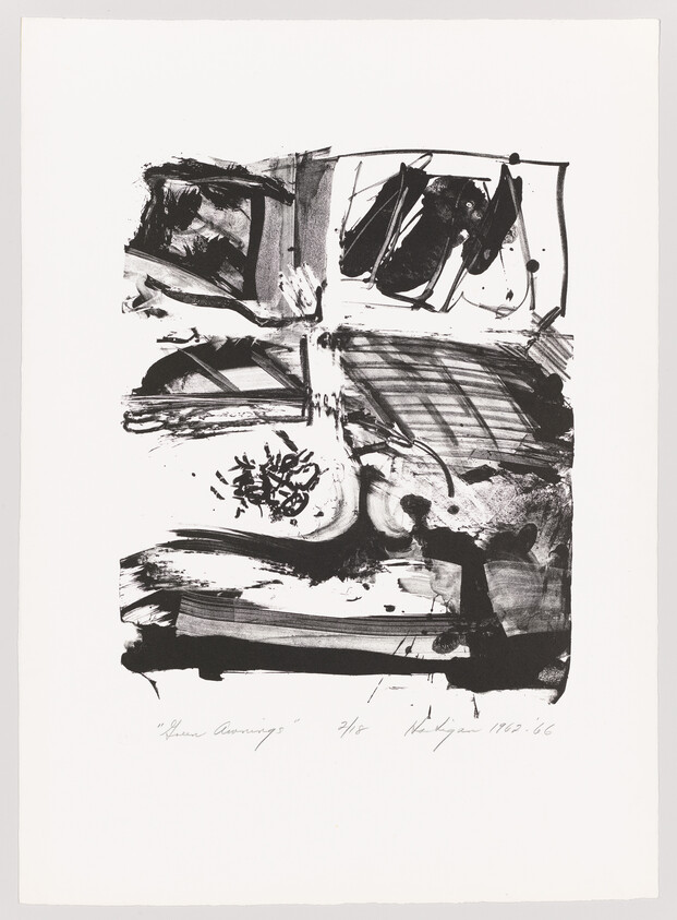 Abstract black and white lithograph with expressive brush strokes and splatters. The composition is dynamic, with dark forms and lines creating a sense of movement. There is handwritten text at the bottom, possibly indicating the title of the artwork and the artist's signature with a date.