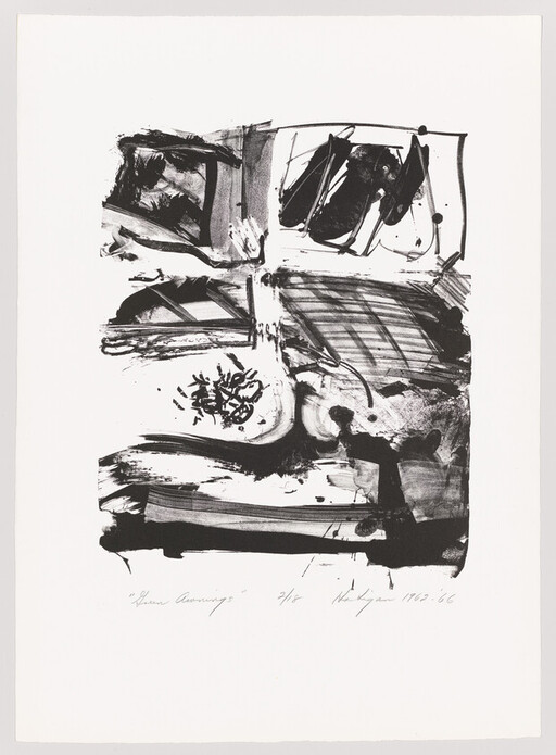 Abstract black ink composition with bold gestural marks divided into four rough panels on white paper.