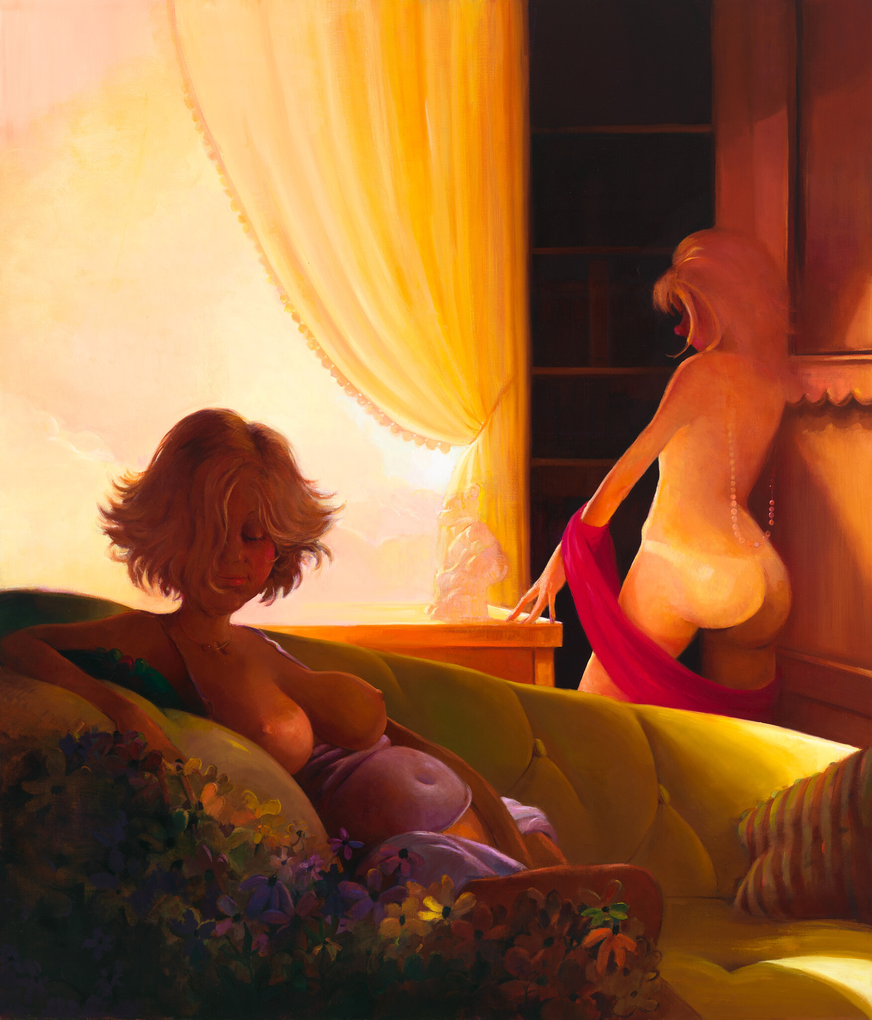 A reclining pregnant woman rests on a sofa while another woman walks toward a sunlit window undressing.