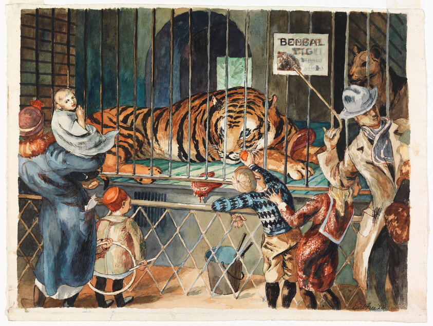 Children and adults crowd a cage as a Bengal tiger reaches through the bars for food.