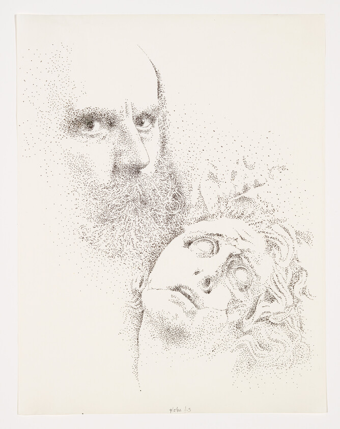 Stippled drawing of a bearded man gazing down at a reclining, expressionless face.