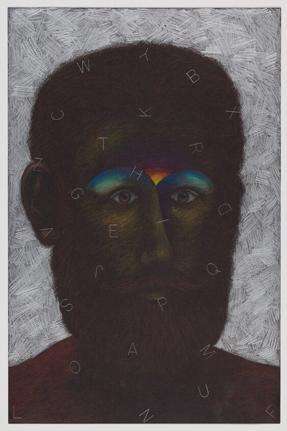 Bearded man's dark portrait with rainbow-colored brows and scattered letters over his face.