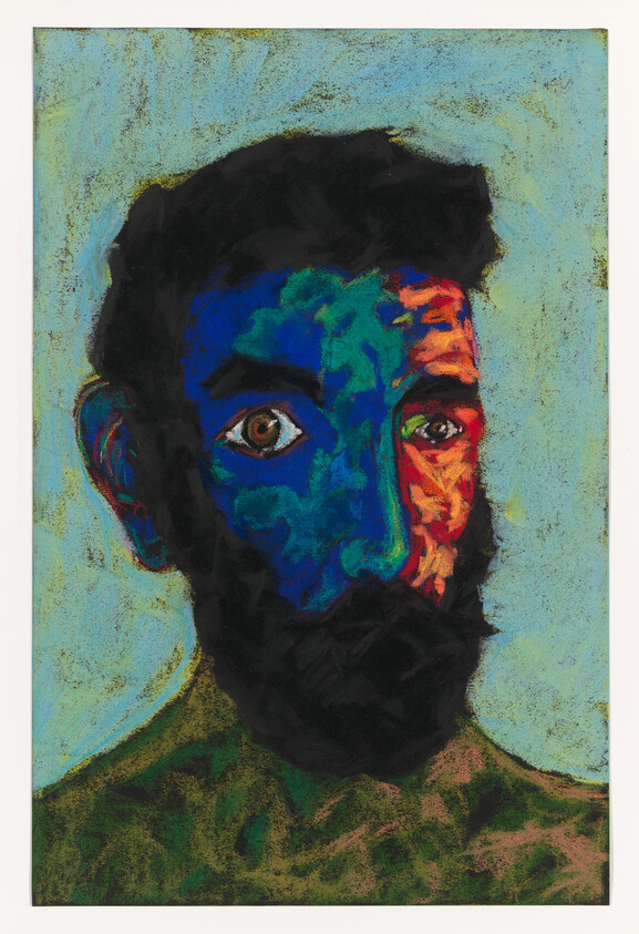 Bearded man’s portrait with half his face painted blue and the other half red.