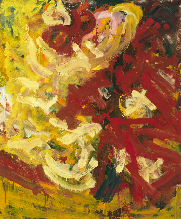 Abstract painting with bold red, yellow, and white brushstrokes swirling across the canvas.