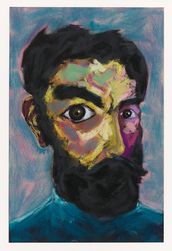 Close-up portrait of a bearded man with wide eyes and bold, colorful face paint.