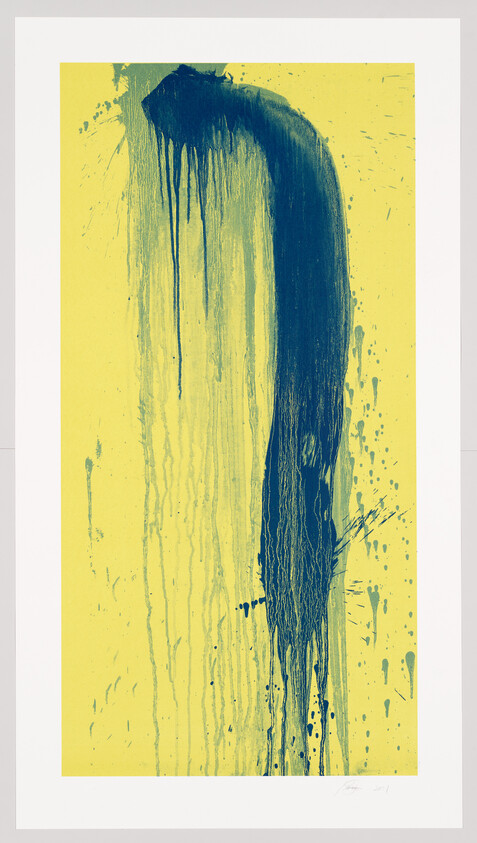 A bold dark blue paint stroke drips down a bright yellow background with scattered splatters.