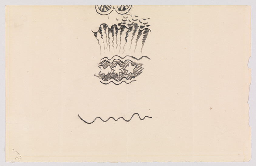 Small black ink sketches show wheels, falling strokes, a wavy band with stars, and a squiggly line.