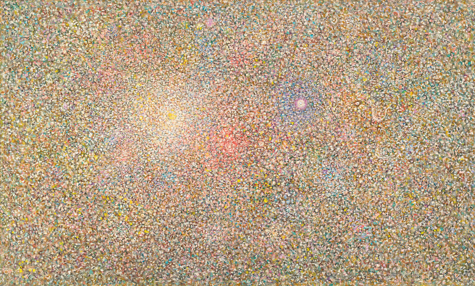 Dense field of small colorful paint dabs forming three faint glowing clusters across the canvas.