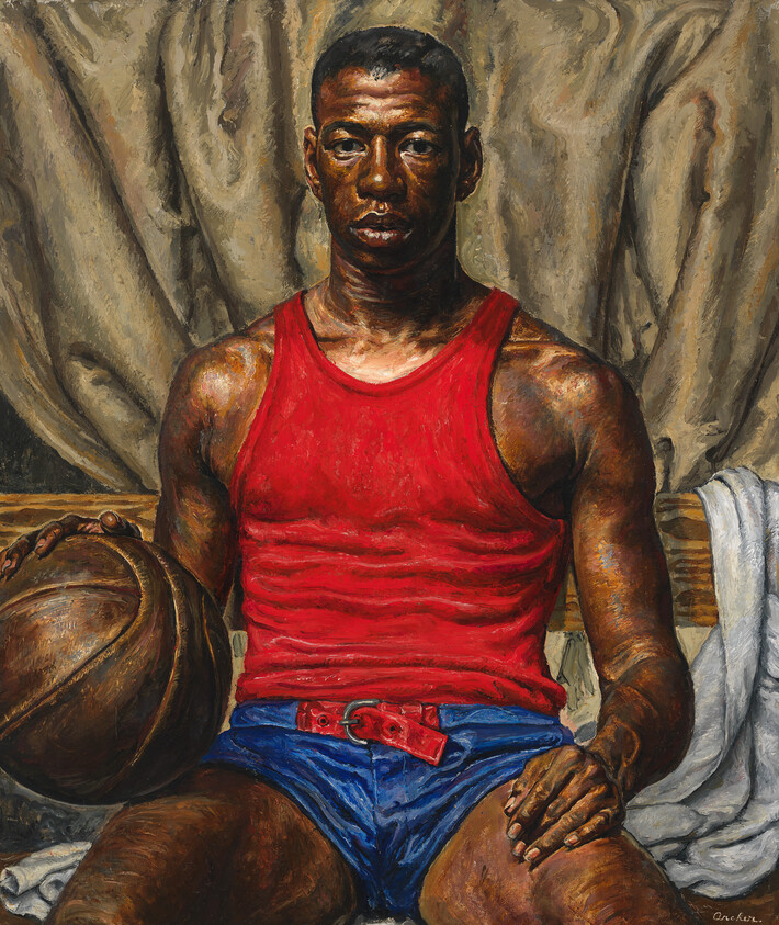 Oil painting of a seated African American man in a red tank top and blue shorts, holding a basketball on his right side. He has a focused expression and is set against a draped beige backdrop with a white towel to his left. The artist's signature is visible in the lower right corner.