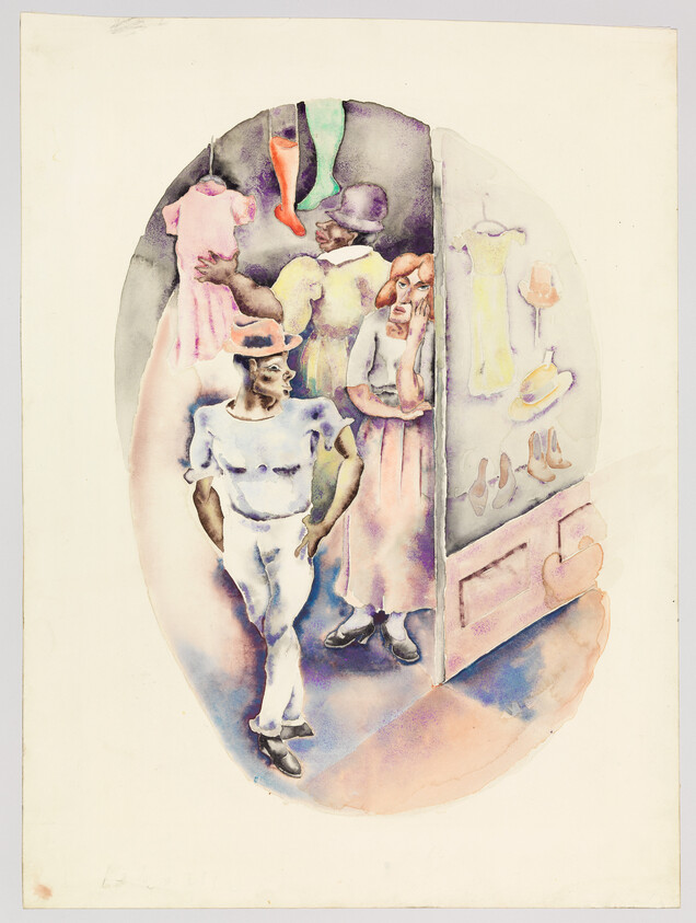 Man strides confidently past a shop doorway while a woman watches from inside amid dresses and shoes.