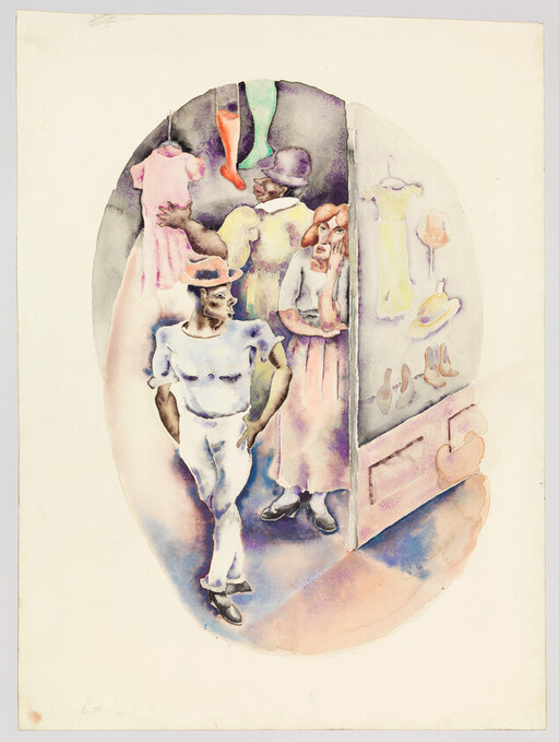 Man strides confidently past a shop doorway while a woman watches from inside amid dresses and shoes.