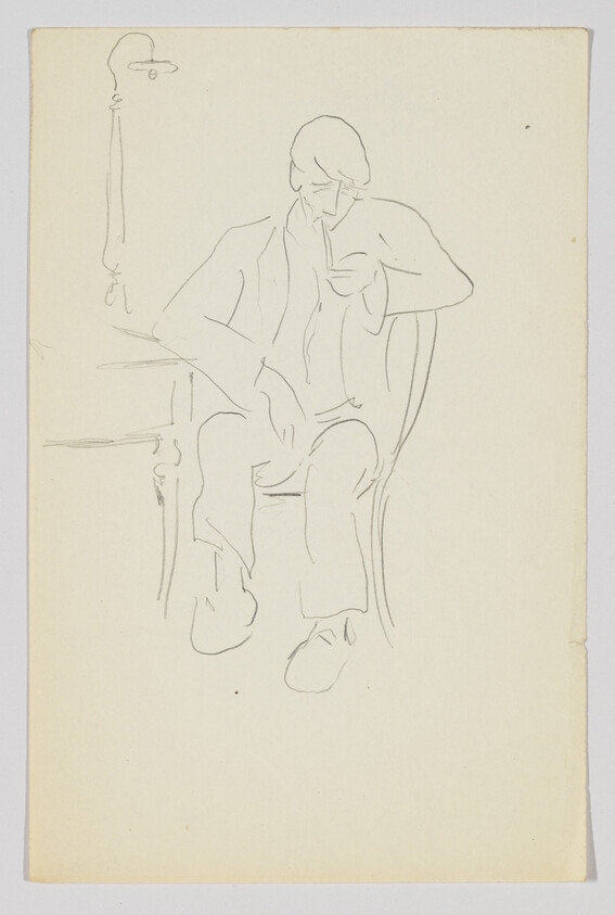 A minimalist line drawing on aged paper depicting a seated figure with a slouched posture, possibly deep in thought or asleep. The figure's features are lightly sketched, with more emphasis on the outline of the body and clothing. There is a hint of a cane or umbrella to the left of the figure.