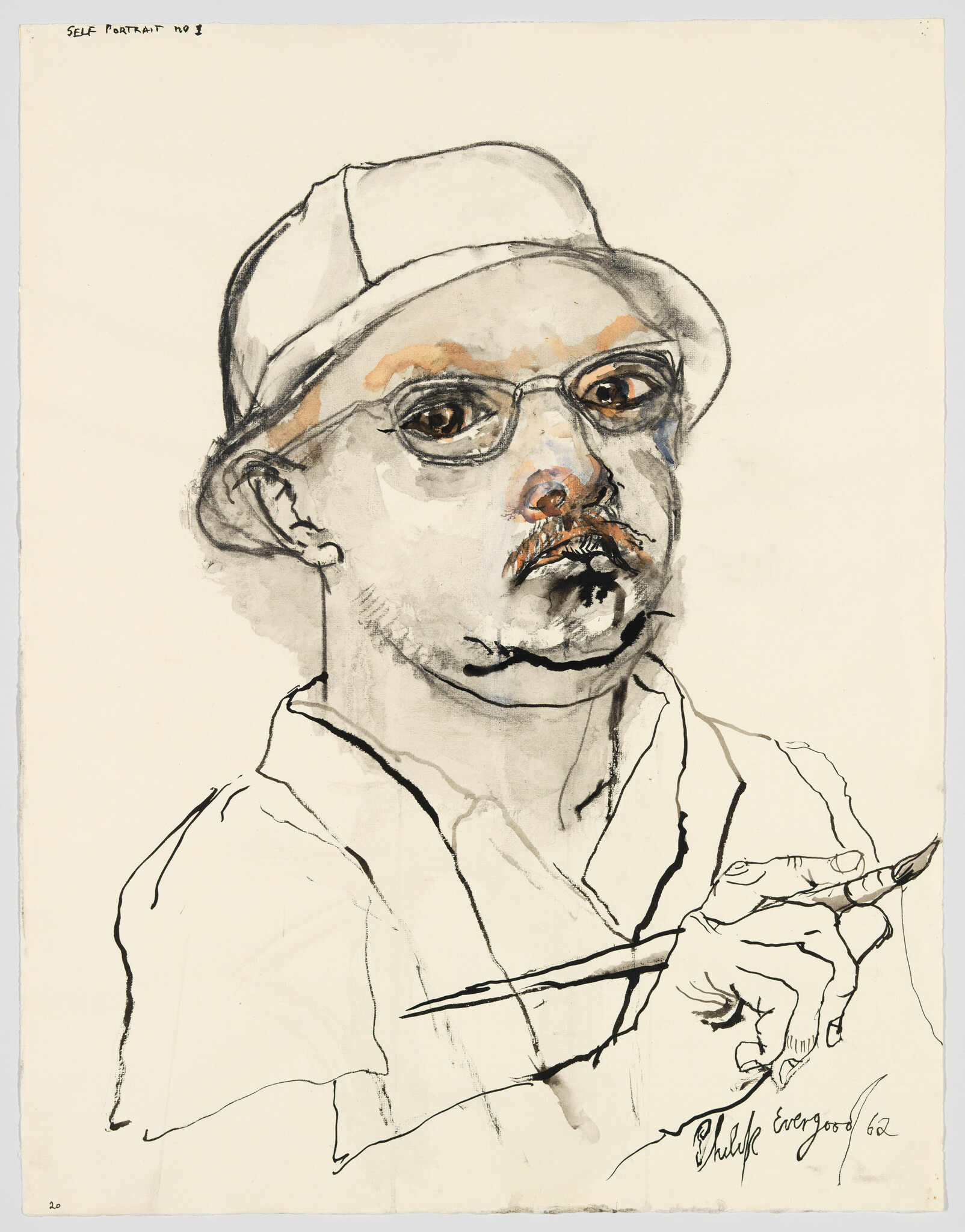A man wearing a hat and glasses holds a paintbrush in a loose ink and watercolor self-portrait.