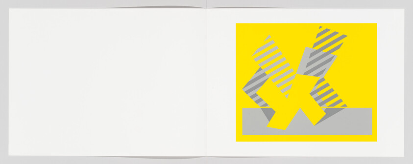 Folded booklet showing a yellow square with overlapping gray and striped geometric shapes.