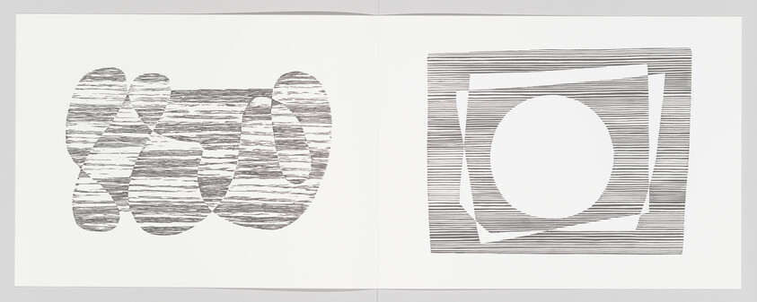 Open book spread showing two abstract black-and-white line drawings: overlapping ovals left and concentric square and circle right.