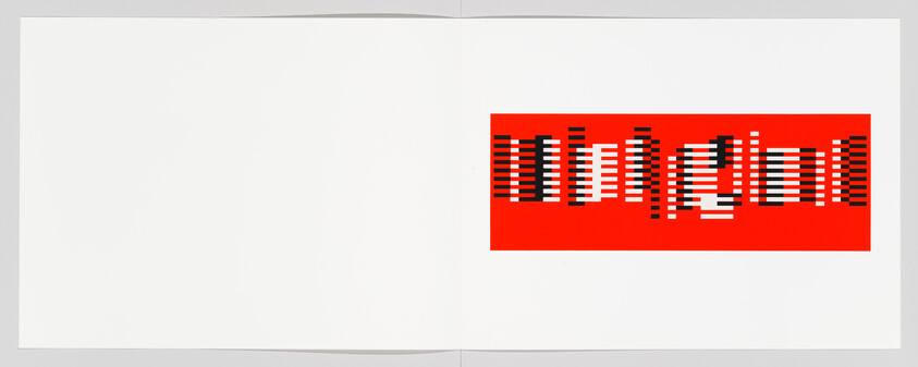 Open booklet with a red rectangular graphic showing black and white vertical bars forming distorted text.