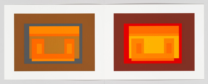 A digital image displaying two pages of a book with abstract geometric artwork. Each page features a series of concentric squares with warm colors ranging from brown to orange, creating a sense of depth and vibrancy. The left page has a darker outer square, while the right page starts with a brighter red outer square.