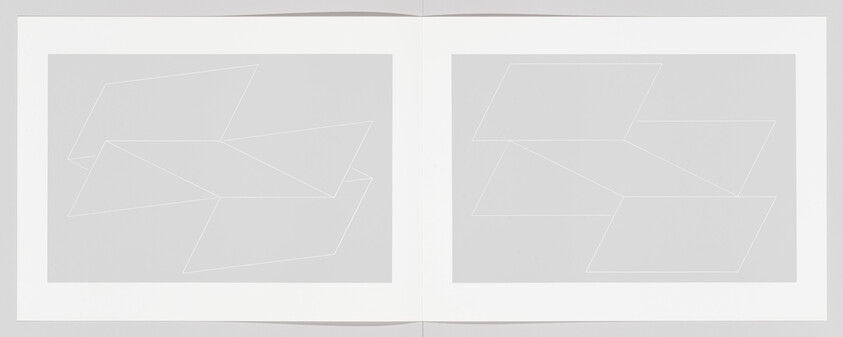 An open book with abstract geometric shapes, consisting of overlapping rectangles and irregular polygons, embossed on white pages.