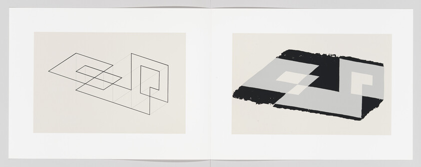 An open book displaying two abstract geometric artworks across a two-page spread. The left page shows a line drawing of a transparent, three-dimensional rectangular form with overlapping squares. The right page features a bold, black brushstroke partially covering a similar geometric shape, but with solid gray tones and white highlights, creating a sense of depth and shadow.