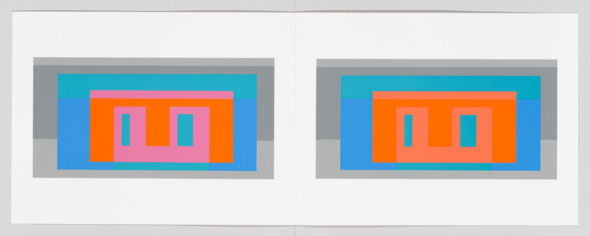 A digital artwork featuring two symmetrical pages with a series of nested squares in contrasting colors such as blue, orange, pink, and gray, presented in a clean, geometric style.