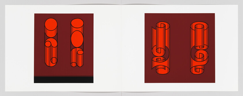 A digital artwork depicting two stylized, geometric representations of cylindrical shapes on a maroon background, presented side by side in an open book format. The left image shows vertical and horizontal cylinders with circular cutouts, while the right image features a continuous cylindrical form resembling a curled ribbon or a rolled scroll. Both images use a bold red-orange outline for the shapes, creating a striking contrast against the dark background.