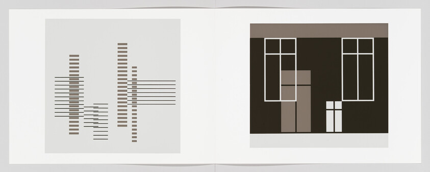 Two minimalist abstract geometric compositions with vertical bars and window-like rectangles on opposite panels.