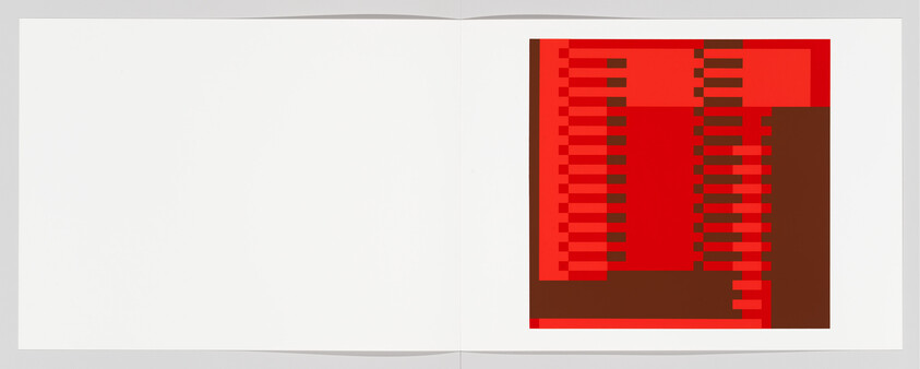 Open book showing abstract red and brown geometric artwork on the right page.