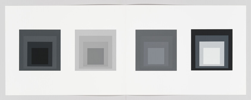 Four gray nested-square prints arranged horizontally on a white open book spread.