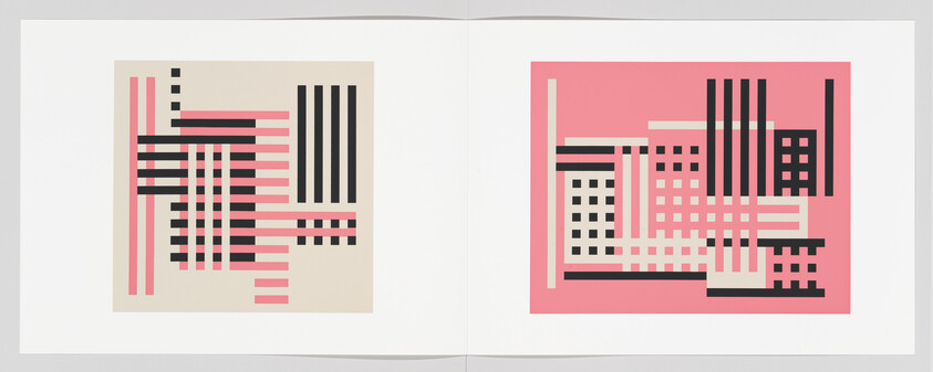 Two abstract geometric prints side by side with intersecting black, pink, and beige stripes and squares.