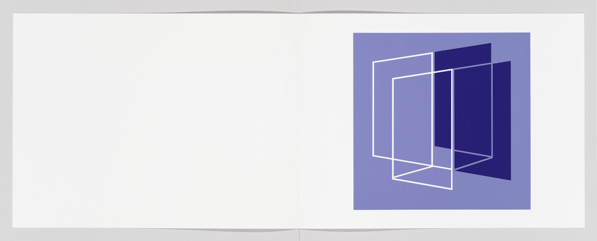 Open booklet showing abstract overlapping translucent rectangles in shades of purple on the right page.
