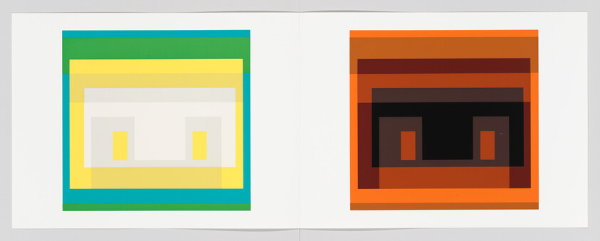 Two adjacent square abstract prints with layered colored rectangles, one in green and yellow and one in orange and brown.