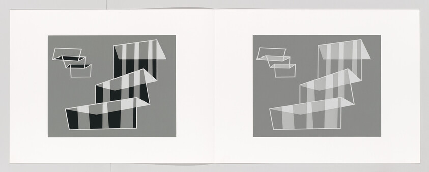Two gray abstract panels show staggered, striped ribbon-like boxes arranged in a stepped formation.