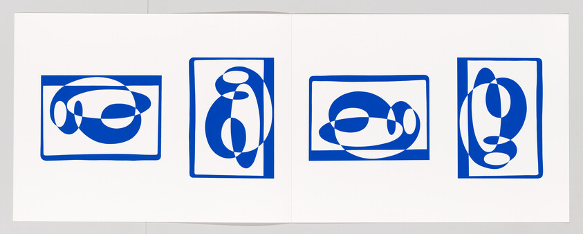 A photo of an open book displaying four abstract blue and white graphic prints, each framed within a blue border. The artwork features fluid, overlapping shapes and lines, creating a sense of movement and harmony.