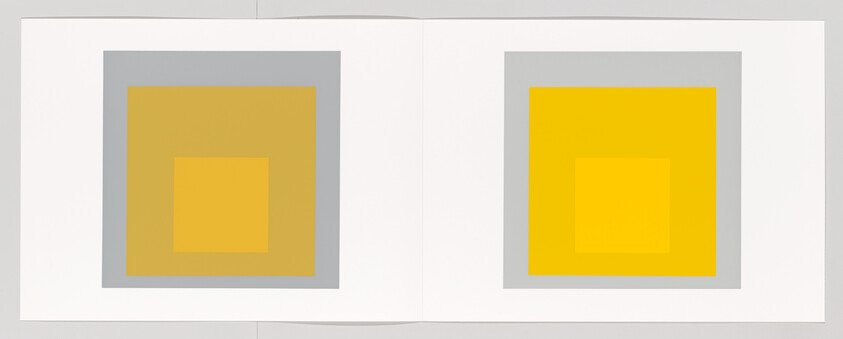 Two minimalist artworks show nested yellow squares within gray frames on a white spread.