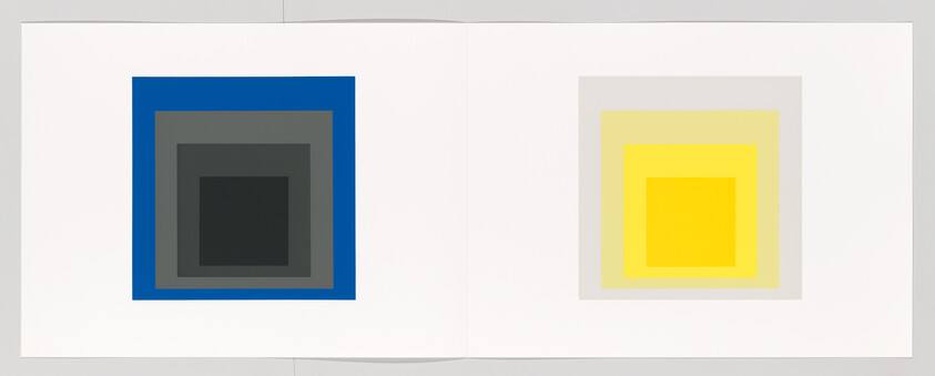 Two sets of nested squares, one blue-gray and one yellow, printed on a white spread.