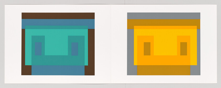 Two abstract square faces in teal and yellow placed side by side on a white background.