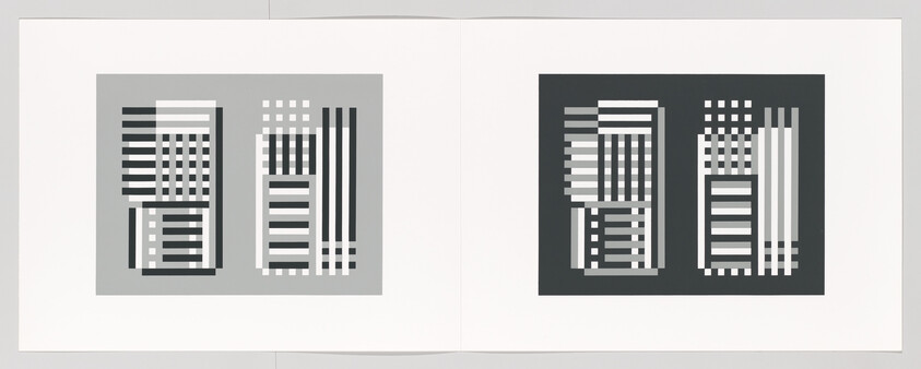 Two adjacent abstract rectangular patterns of alternating vertical and horizontal stripes and dots on contrasting backgrounds.