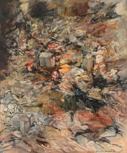 Abstract oil painting with swirling earthy tones, scattered red berries and cube-like forms.