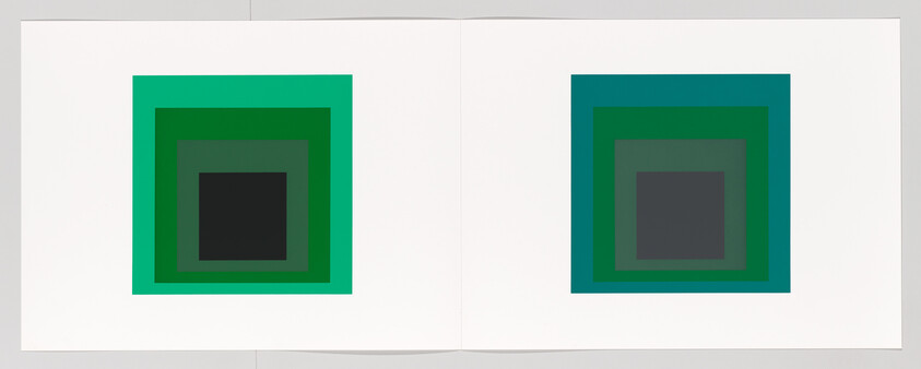 Two open pages each show a centered stack of nested green squares on a white background.