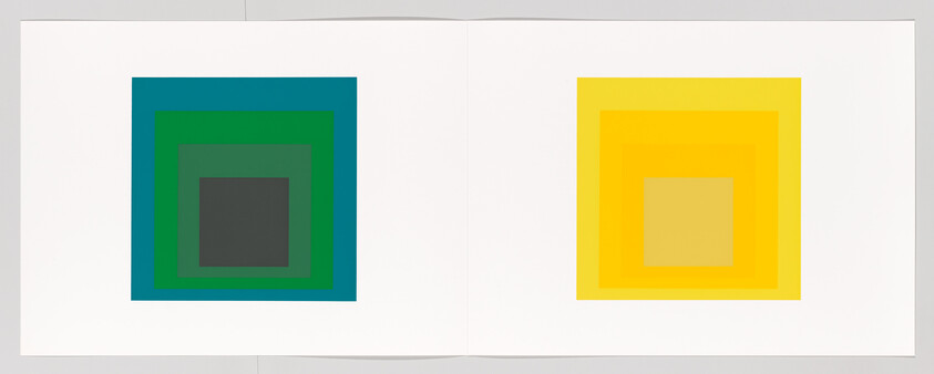 Two sets of concentric colored squares, one blue-green and one yellow-orange, on white spread.