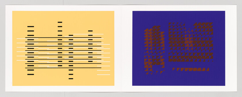 Two abstract geometric prints side by side a yellow grid of horizontal bars and a blue field of brown triangles.