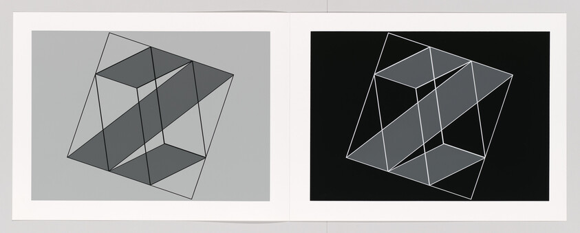 Two tilted wireframe cubes with shaded interior faces shown side by side on opposite backgrounds.